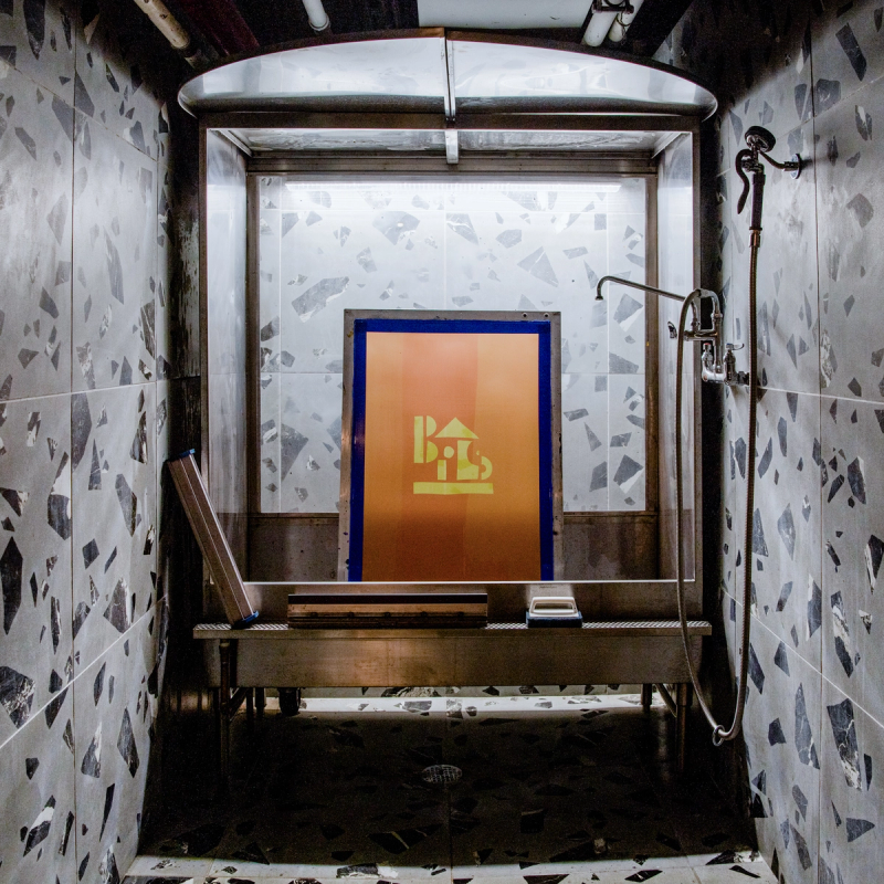 Tiled printmaking washout room with custom fabricated stainless steel sink. Photograph by Vincent Tullo.